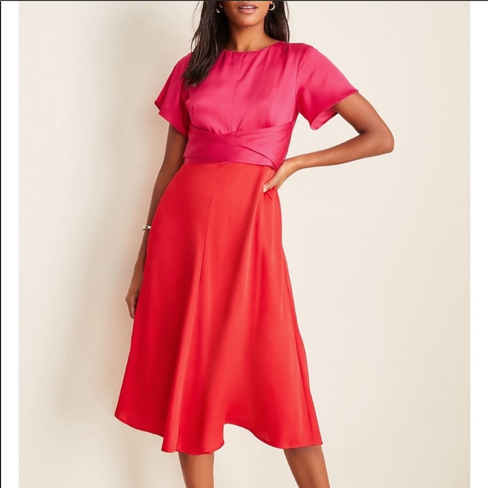 Ann Taylor Red/Pink Colorblock Wrap Midi Dress